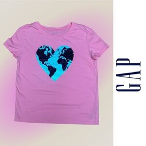 GAP Pink and Blue Heart World Map Flippy Sequin Tee, Size XXL,‎ MSRP $22